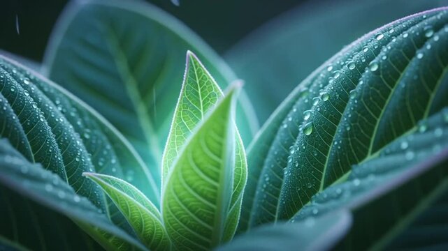 Close up of vibrant green plant leaves with water droplets glistening in soft light.