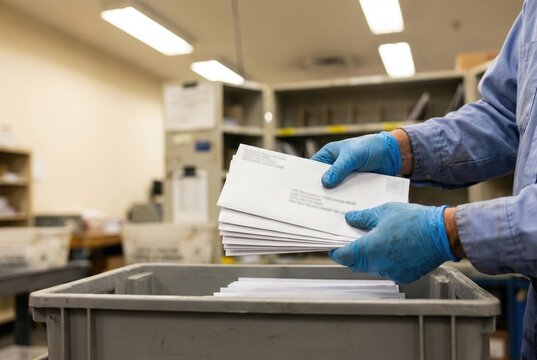 Postal worker in blue gloves sorting a stack of white envelopes into a grey bin in a mailroom.
