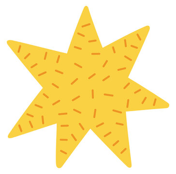 Yellow seven-pointed star shape with orange dash pattern on a white background Keywords: star, shape, symbol, celestial, night, sky, astronomy