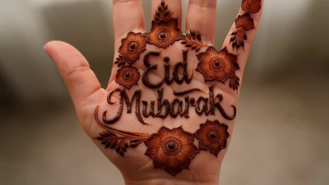 Eid Mubarak henna hand art celebrating Islamic holiday with intricate floral designs and celebratory message