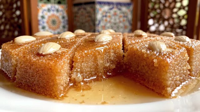 Sliced Basbousa semolina cake soaked in honey syrup and topped with almonds on a white plate in an oriental restaurant. Traditional Middle Eastern dessert concept for culinary footage or celebration.