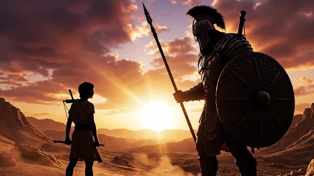 David and Goliath Epic Battle in the Valley of Elah **(1 Samuel 17)**, Biblical Scene of Shepherd Boy David Facing the Philistine Giant.