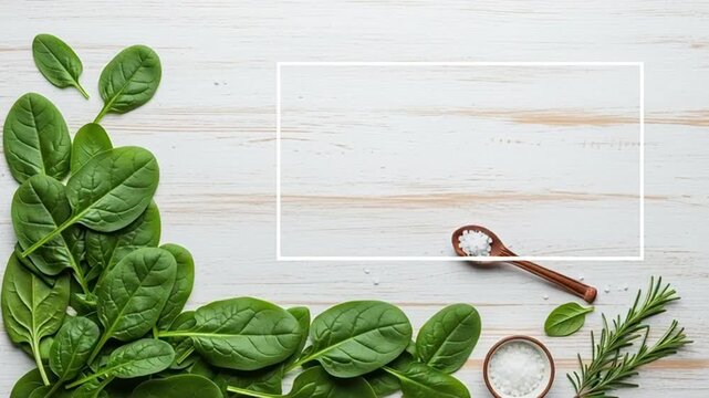 Fresh Spinach and Herbs on a Wooden Table with Copy Space.