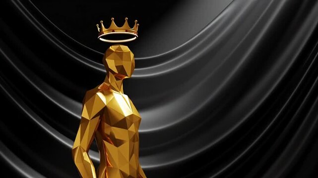 Golden Man with Crown on Head Standing in Spotlight Against Dark Wavy Background.
