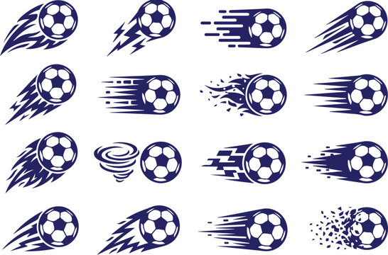 Soccer balls in motion with various dynamic effects and trails on clean white background for graphic design elements