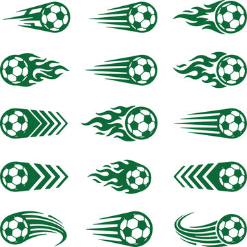 Soccer balls with speed and motion graphics  green icons  fast movement  flames  arrows  sports design elements