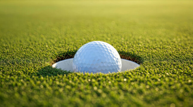 Golf ball on cup edge on green close up