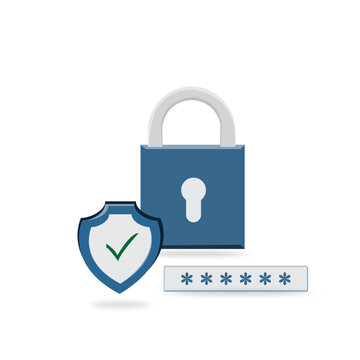 Flat vector illustration of padlock, shield with check mark, and password field. Concept of cybersecurity, data protection, secure login, privacy, encryption, and online account safety.
