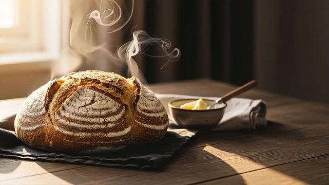 Freshly baked rustic bread loaf steaming on a wooden table. Hot artisan sourdough with steam rising in warm morning sunlight. Homemade breakfast concept with butter side dish