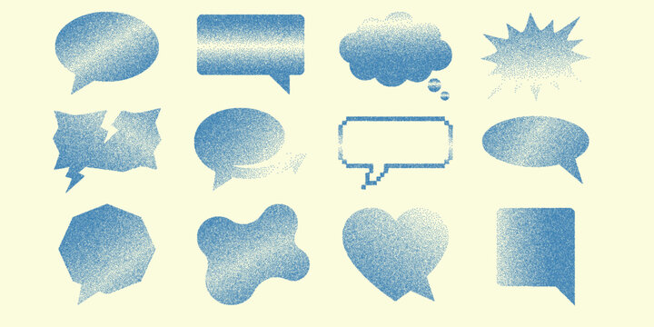 Halftone collage set of sixteen distressed speech bubbles in blue close up vector shapes varied angles pop art texture for editorial stickers labels retro playful design