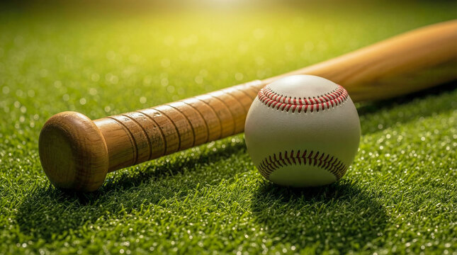 Baseball Bat and Ball on Green Grass Field