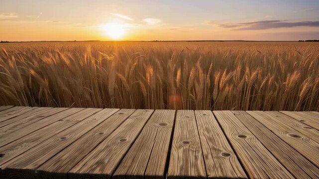 Wheat field at sunset with a wooden deck in the foreground. Golden grain swaying in the breeze during harvest season. Rustic wooden table surface with copy space. Cinematic rural landscape