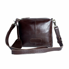 A beautiful dark brown leather sling bag isolated on a white background, perfect for women's style. Suitable for designing leather product catalogs.