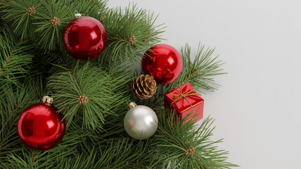 Fototapeta premium Festive Christmas decorations on a pine tree branch