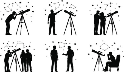 Set of people silhouettes looking through telescopes at stars and constellations, astronomy science and stargazing education concept, isolated black icons, © Shihab Creative