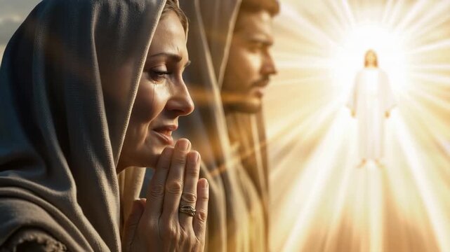 People praying to Jesus in a desert landscape. Woman crying and finding hope through faith. Divine light and spiritual transformation concept. Cinematic religious footage