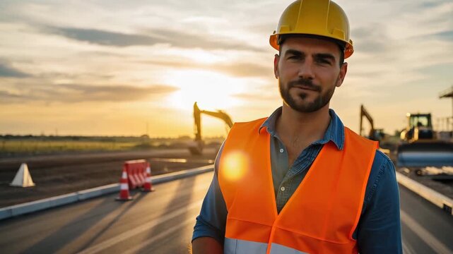 Construction worker in safety vest and hard hat standing on a new road at sunset. Engineer gesturing towards heavy machinery and building site. Infrastructure and civil engineering concept