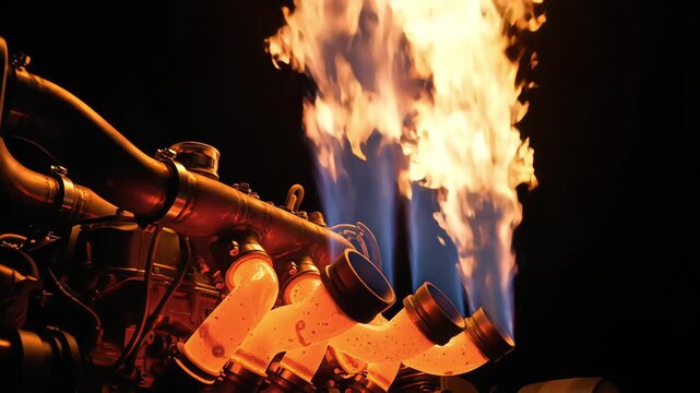 Glowing red hot engine headers shooting massive vertical exhaust flames from high performance diesel motor