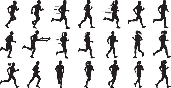 Set of Running People Silhouettes - Men and Women Athletes Jogging and Sprinting