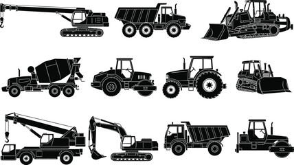 Set of heavy construction machinery vector illustrations, industrial vehicles including crane excavator bulldozer and dump truck, isolated black and white, © Shihab Creative