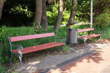 Wooden brown bench at the park