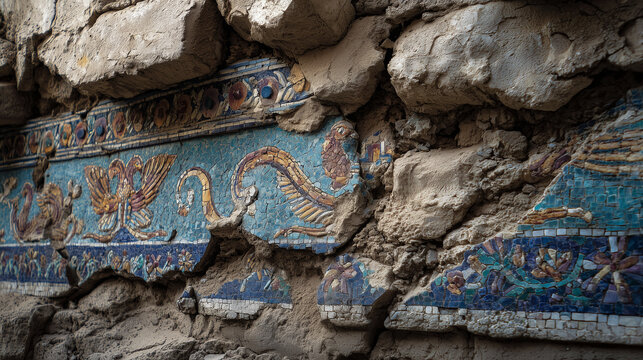 A crumbling temple wall covered in a faded mosaic of forgotten gods