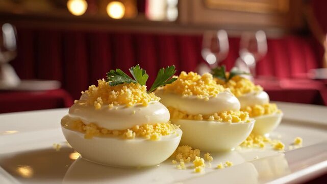 Stuffed deviled eggs with mayonnaise and parsley served on a white plate in a restaurant