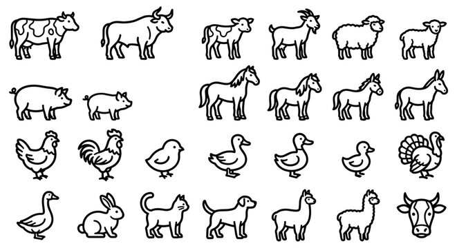 Line art illustration featuring a collection of various farm animals, including cows, pigs, horses, chickens, ducks, geese, rabbits, dogs, llamas, and turkeys.