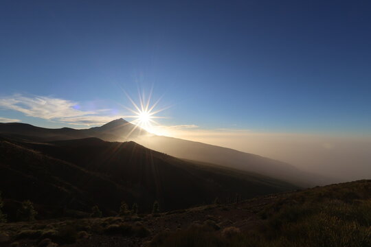Teide National Park, Tenerife, Spain. February 16, 2026. Intense white calima from Morocco covering volcanic landscape with dust haze and reduced visibility