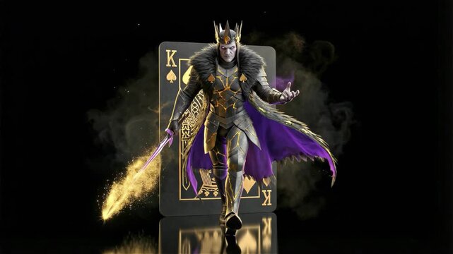 Crowned ruler clad in gold armor advances with blazing weapon amid mystical ambiance