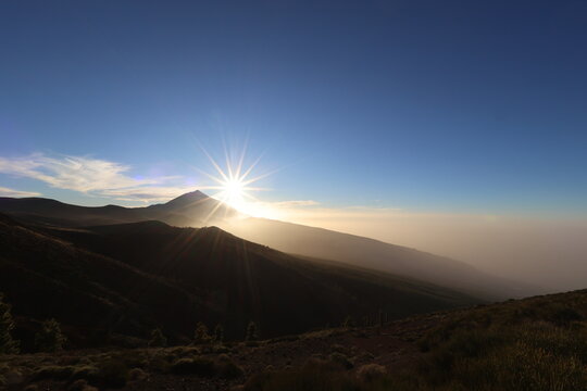 Teide National Park, Tenerife, Spain. February 16, 2026. Intense white calima from Morocco covering volcanic landscape with dust haze and reduced visibility