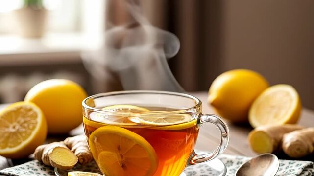 A cozy cup of lemon ginger tea with steam rising, exuding warmth.