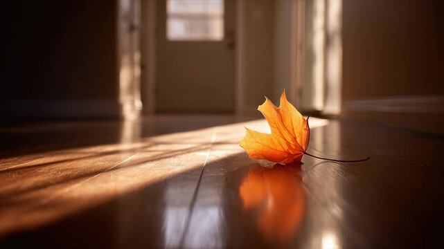 Warm sunlight illuminates a fallen maple leaf on a glossy wooden floor, interior