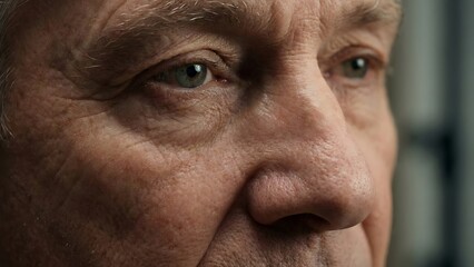 Obraz premium Extreme close-up of an elderly man's face showing skin texture and blue eyes.