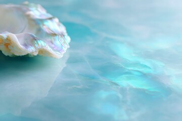 oceanic interior design, ocean-inspired art with shiny abalone shell reflecting light, marble surface, and wide copy space