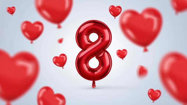 Red balloon number eight with heart-shaped balloons, celebration of International Women's Day, festive decoration, March 8th event, symbolic love and empowerment, vibrant red balloons