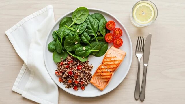 Healthy Grilled Salmon with Quinoa and Spinach Salad.