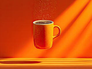 High quality 3d render of coffee cup floating in air on bright orange background. Minimal product concept for marketing and social media.