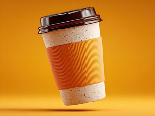 High quality 3d render of coffee cup floating in air on bright orange background.