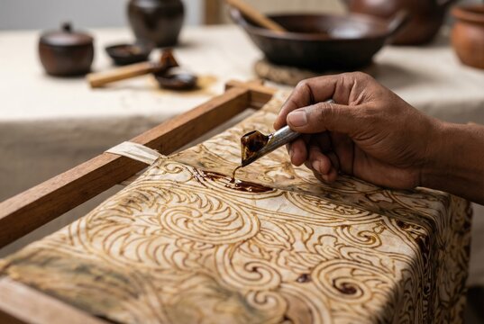 Artisan creating traditional Indonesian batik, applying hot wax with a tjanting tool to draw a pattern on fabric.
