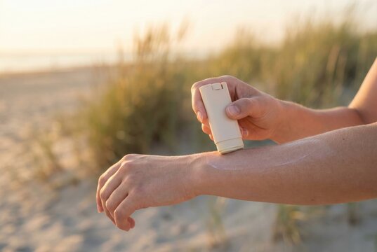 Person applying sunscreen from a stick to their arm at the beach during a golden sunset.
