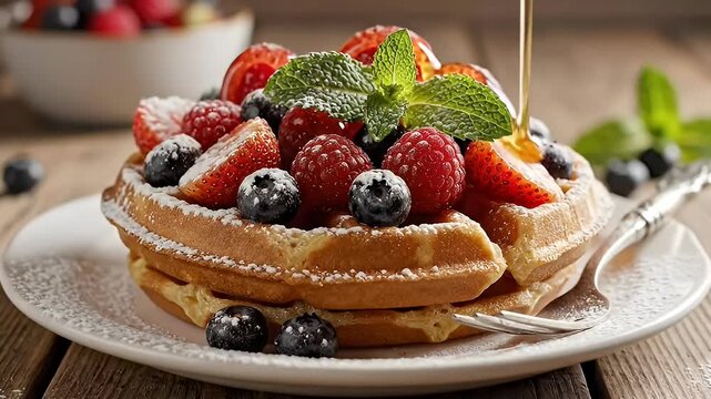 Close up of waffle with berries and powdered sugar on a plate