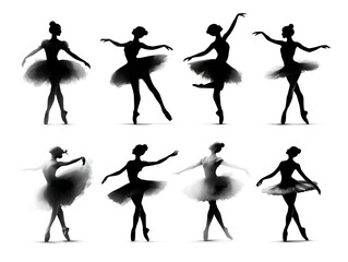 Obraz premium Silhouetted ballerinas in various poses showcase elegance and grace, creating a dynamic dance sequence on a white backdrop that is eye-catching.