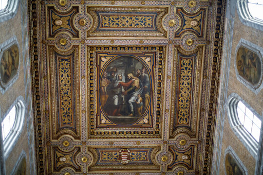 Ornate Renaissance Painted Coffered Ceiling Inside Naples Cathedral in Italy
