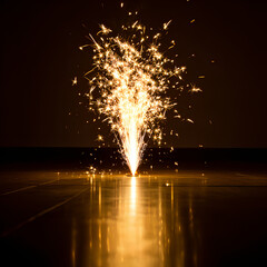 Golden sparkling fountain firework on dark reflective floor
