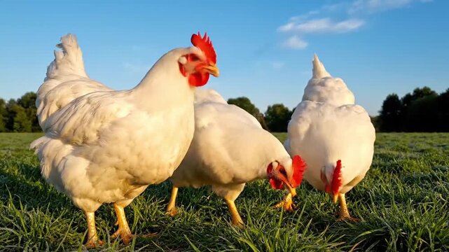 Several plump white broiler chickens roam freely in a sunny grassy field under a clear blue sky