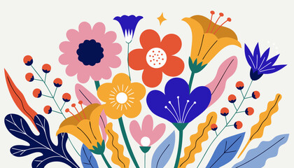 Obraz premium Very beautiful festive spring floral composition crafted from fresh colorful blossoms arranged on a light pastel background, creating a joyful decorative concept with soft copy space.