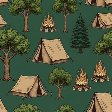 Cozy camping scene with tents and campfires in forest