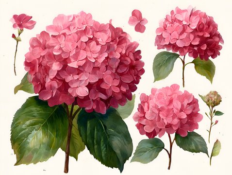 Several pink hydrangea blossoms with green leaves create a floral composition on a white background in a watercolor botanical style image.