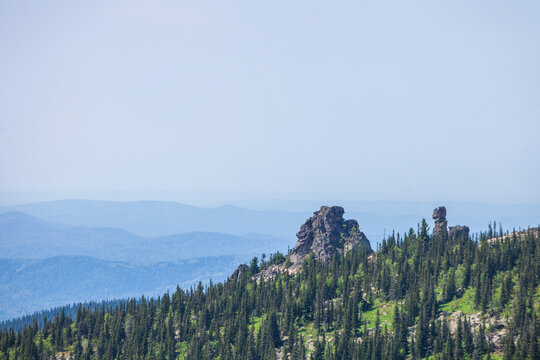 Weathering pillars on Mount Zelenaya. Sheregesh, Russia